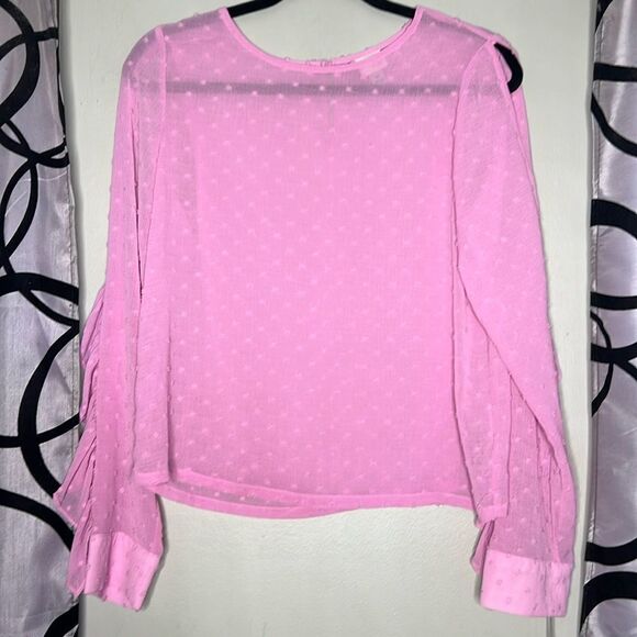 A New Day Pink Swiss Dot Blouse Cold Shoulder Ruffles Long Sleeve XS New - Picture 1 of 10